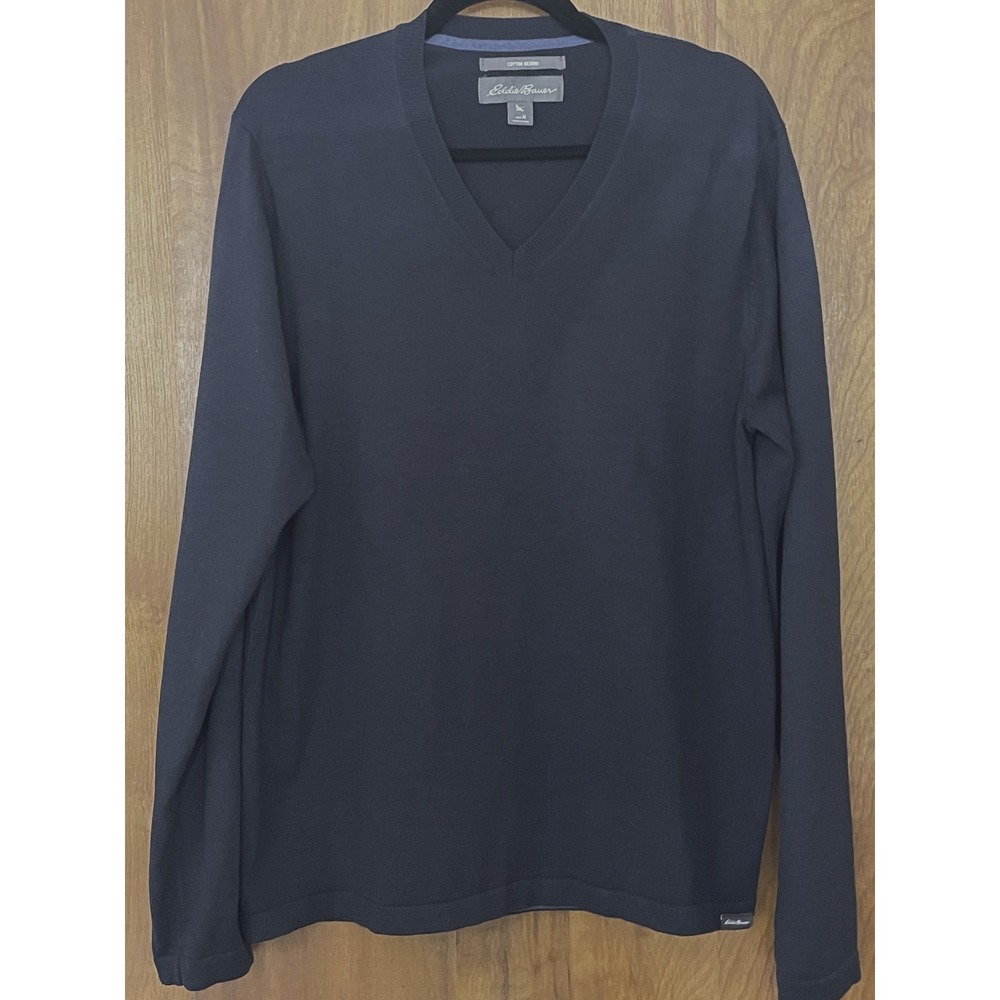 Eddie Bauer Navy Blue Cotton Merino Wool V-neck Sweater Modern Uniform Preppy M